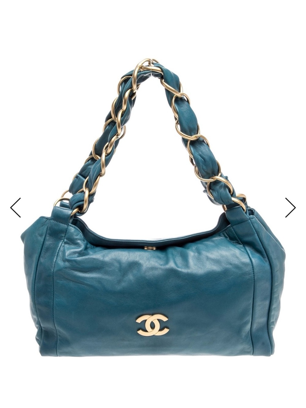 CHANEL Teal Leather Shoulder Bag with Gold Chain Strap